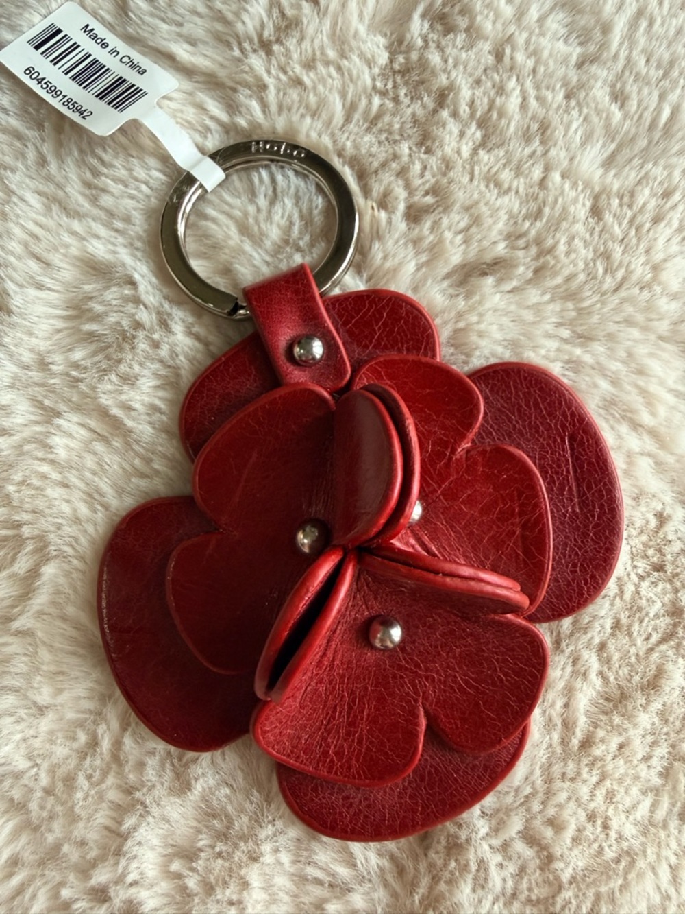 HOBO Cranberry Red Leather Flower Keychain NWT Floral Bag Charm Key Fob